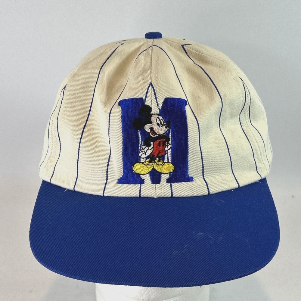Vintage Mickey Mouse Hat Cap Snap Back Drew Pearson Block M Pin Striped Disney